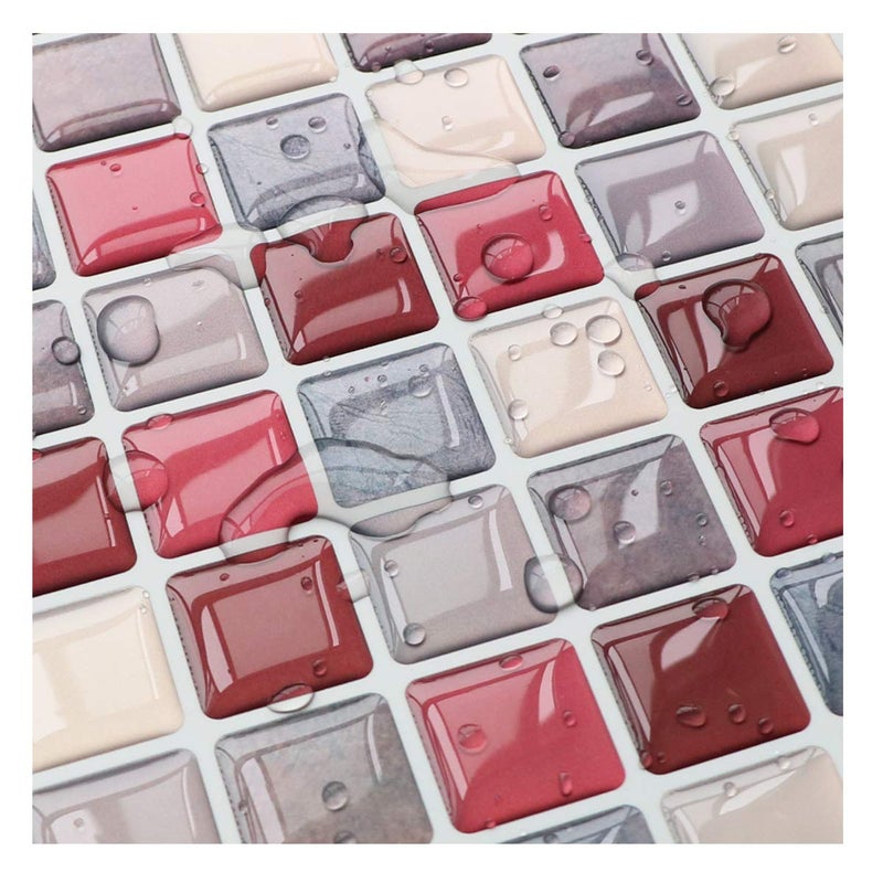 Yoillione 3D Mosaic Tile Sticker Removable Wallpaper Tile Red, 3D Self Adhesive Wall Tiles Bathroom Wall Tiles for Kitchen Backsplash Red, PVC Square Decorative Vinyl Decals, 4 Sheets - Image 5